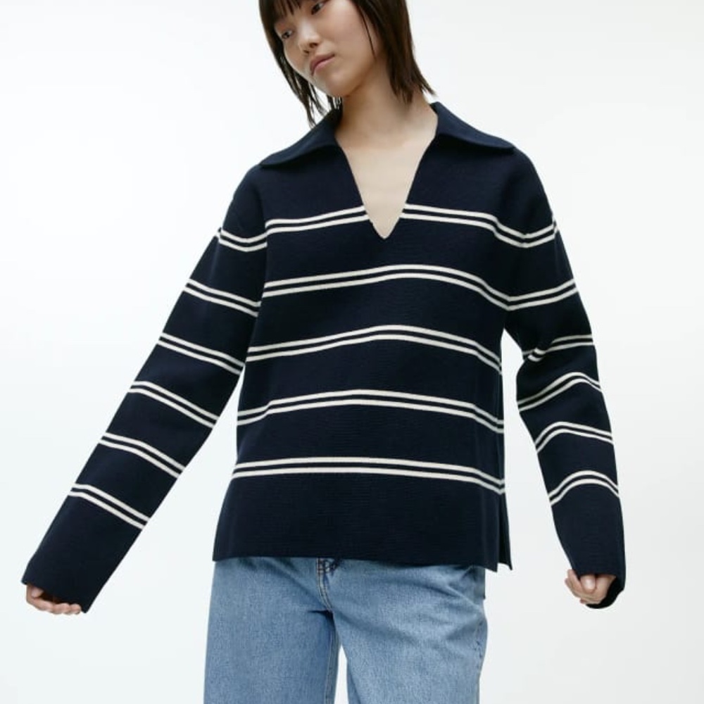 Arket Navy and White Striped V-Neck Sweater